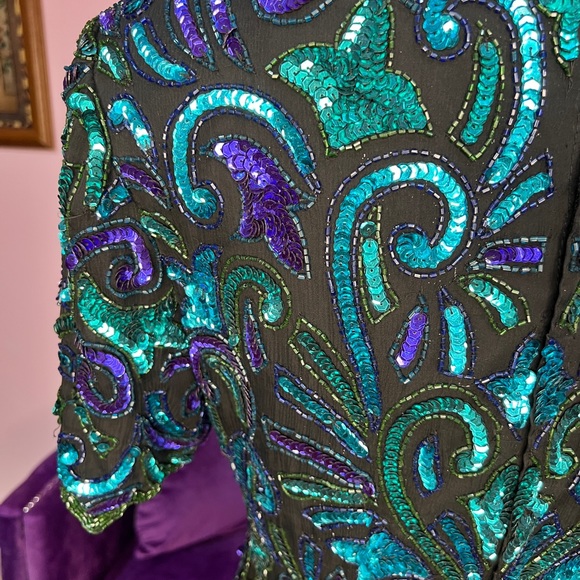 Vintage Sequin Top 100% silk Lawrence Kazar teal turquoise purple size Small - Picture 6 of 9